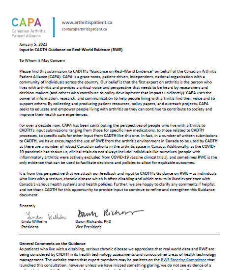 CAPA’s Submission to CADTH’s “Guidance on Real-World Evidence”